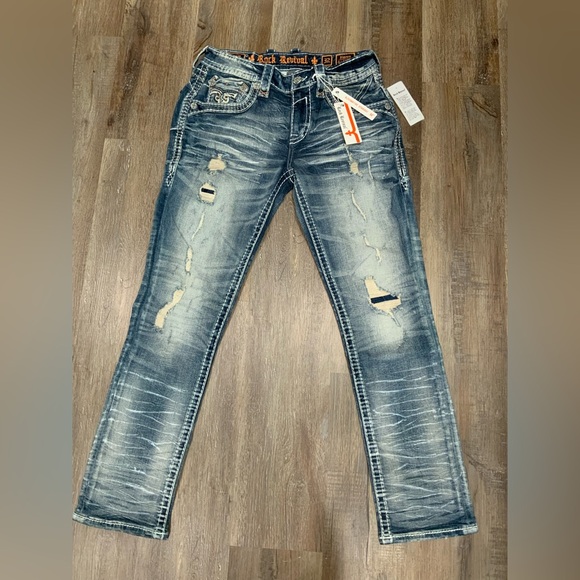 Rock Revival Haven Alt Straight Jeans Blue Distressed Embroidered Mens Sz 32x32